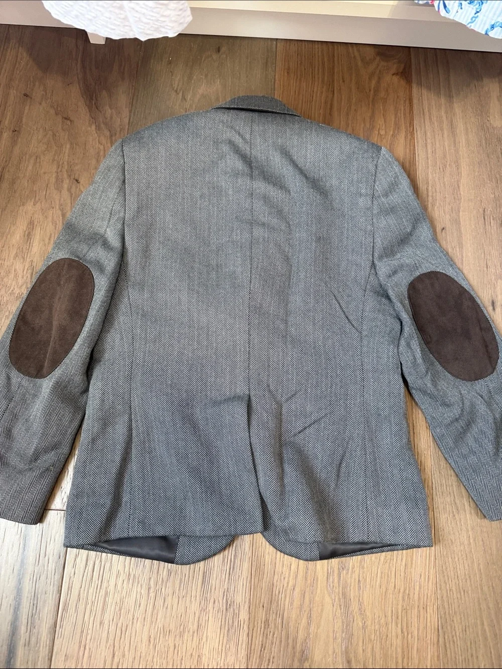 Gray Herringbone Blazer with Brown Elbow Patches